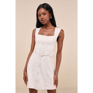 Lulus Modern Composure Beige Linen Belted Mini Dress With Pockets - Size XL
